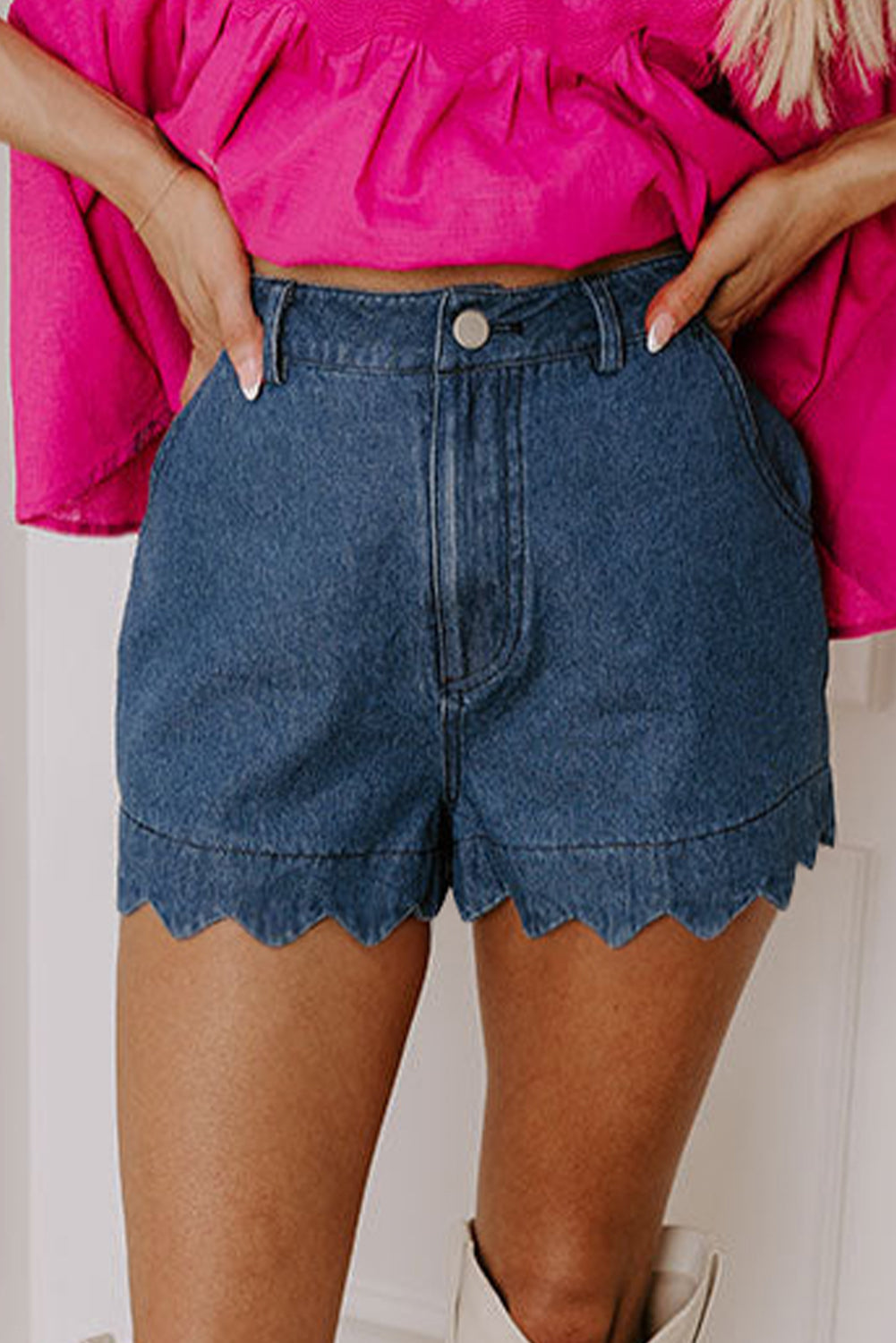 White Scalloped Hemline Light Wash Denim Shorts 64fe2f9294d3c5c6