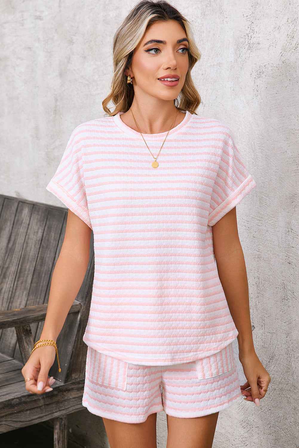 Sky Blue Striped Print Short Sleeve Top and Pocket Shorts Set 64ff3893dfee14a3