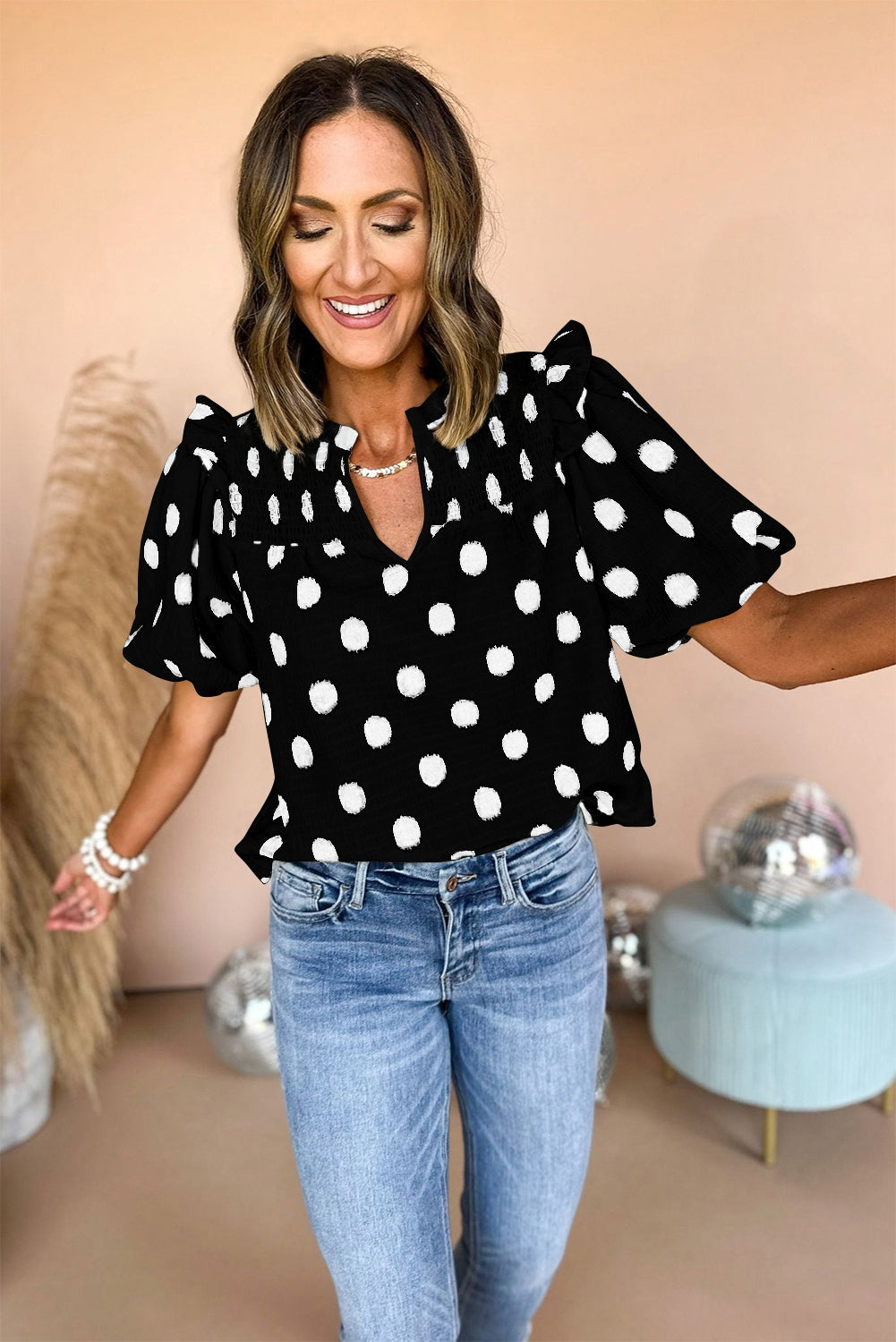 Rose Polka Dot Print Shirred Notched Neck Puff Sleeve Blouse 6502489a869a4266