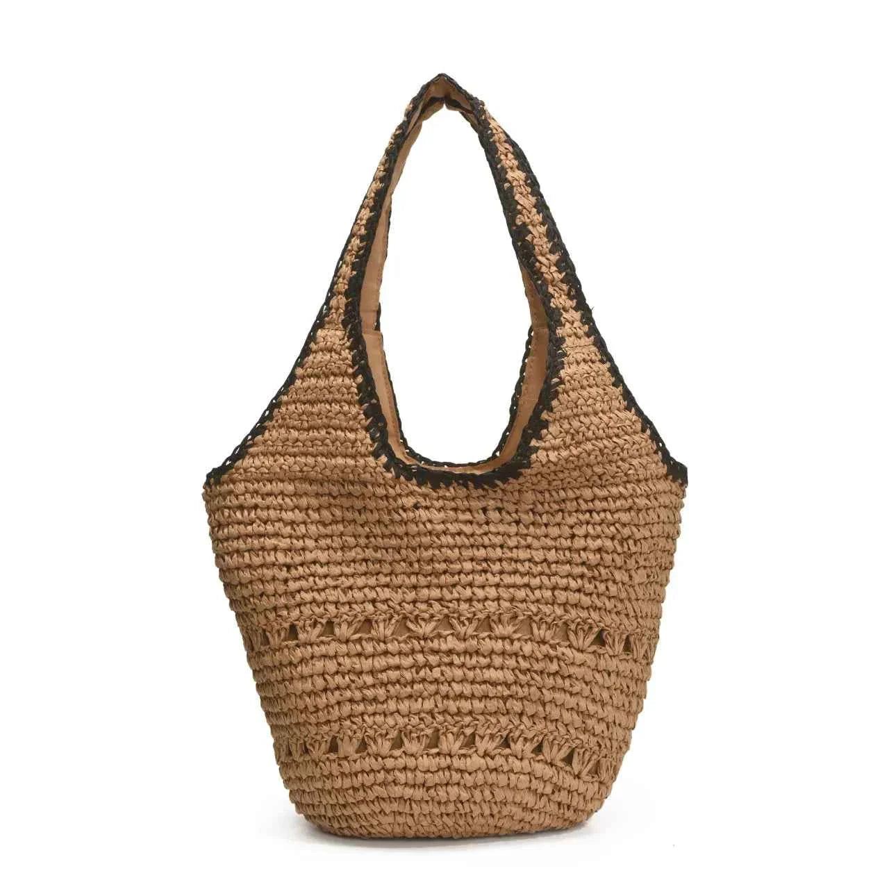 Woven Straw Shoulder Bag with Contrast Trim Khaki onesize 650c1611383b4962953a6516ab03e4b7-Max-Origin