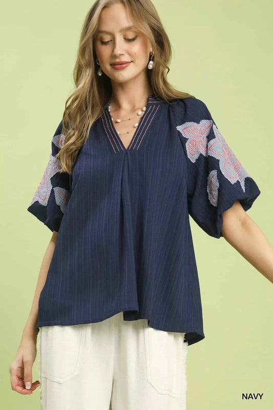Umgee Embroidered Balloon Sleeve Notch Neck Blouse NAVY 650e29a1-6b48-4d63-abad-94d5f1aad038-Max-Origin