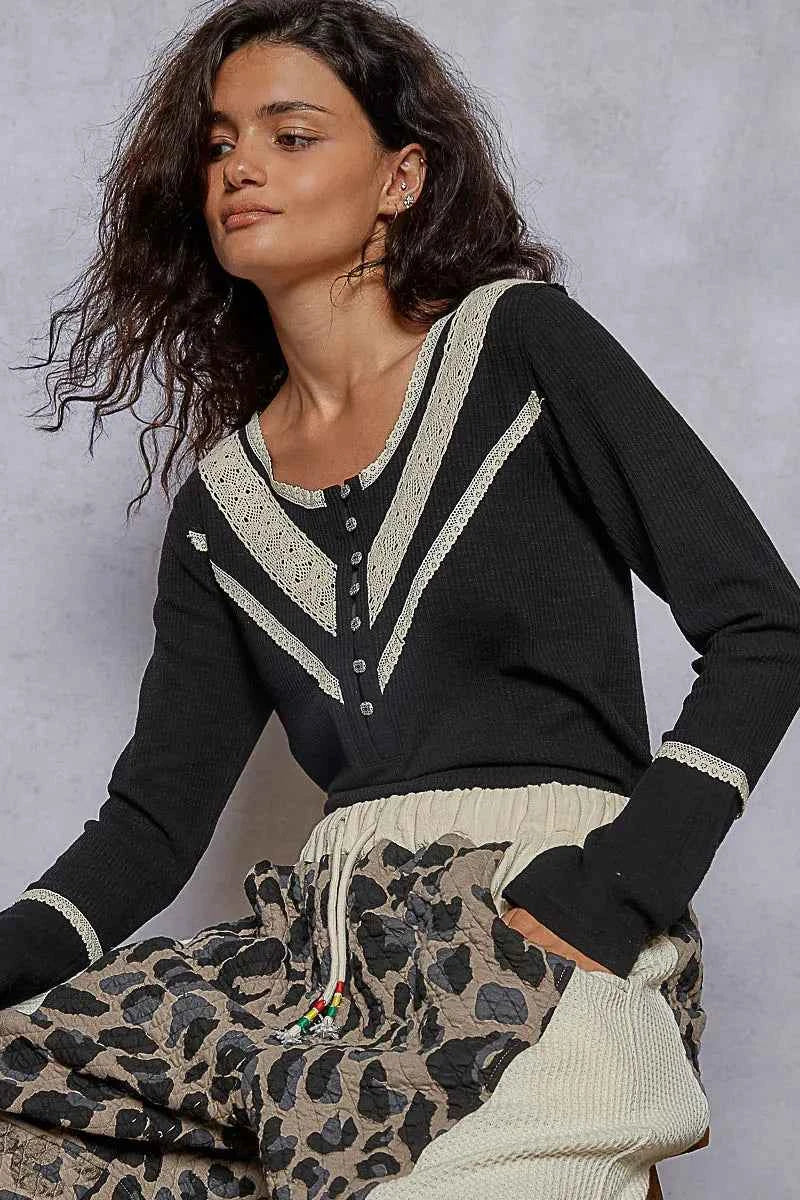 POL Ribbed Half Button Lace Detail Knit Top 65117f3d-7e68-40b9-a2b7-203d218947a1-Max-Origin