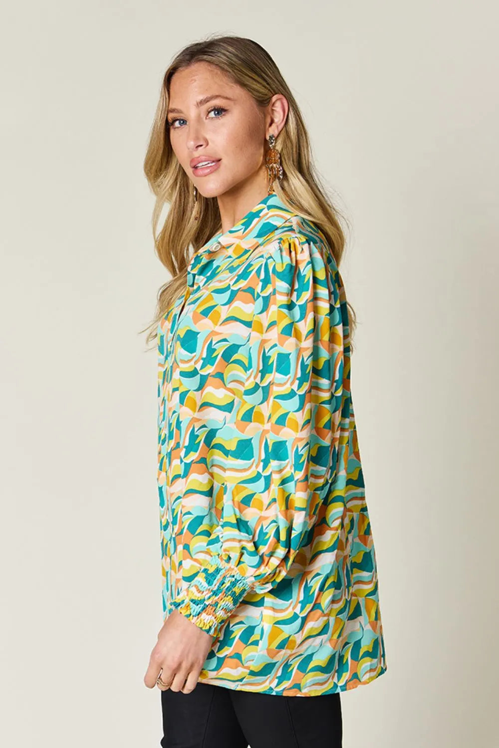Double Take Full Size Printed Smocked Long Sleeve Blouse 6512d954-e1c2-4478-9759-d8a8b5e27eec-Max