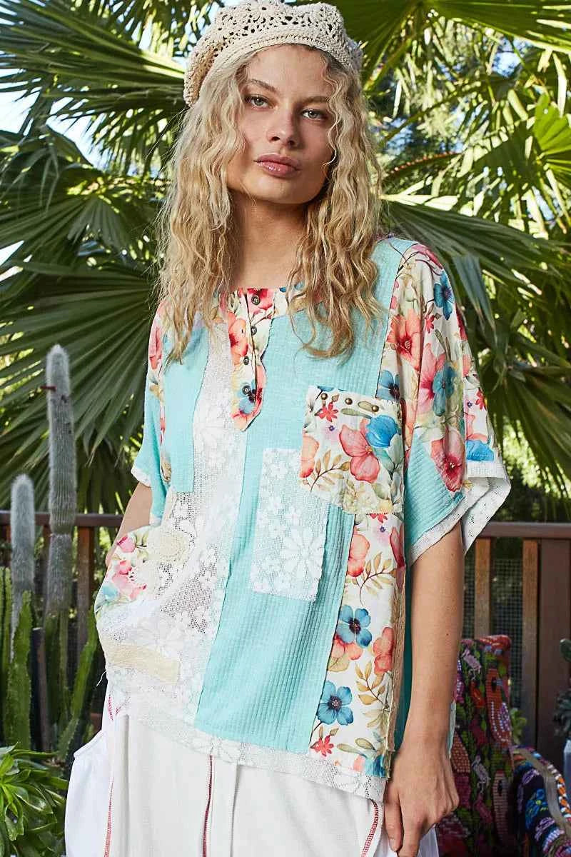 Lace Round Neck Short Sleeve Floral Pattern Top with Patch Detail 6513dc21-22f1-4f13-b1ef-ac9c0e6b1ae8-Max-Origin