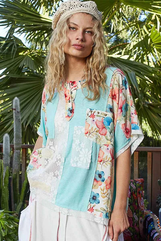 Lace Round Neck Short Sleeve Floral Pattern Top with Patch Detail 6513dc21-22f1-4f13-b1ef-ac9c0e6b1ae8-Max-Origin