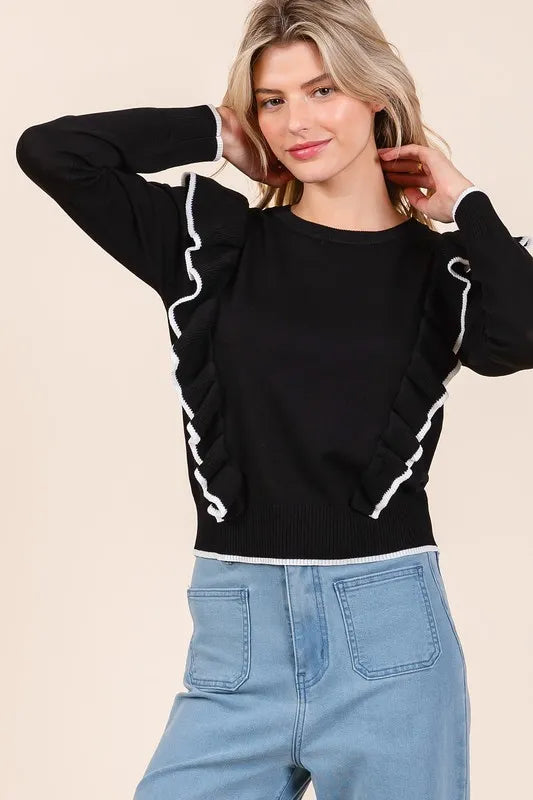 Mittoshop Contrast Trim Ruffled Round Neck Knit Top 651a3017-2822-44d3-b4ce-5f9ee5732a73-Max