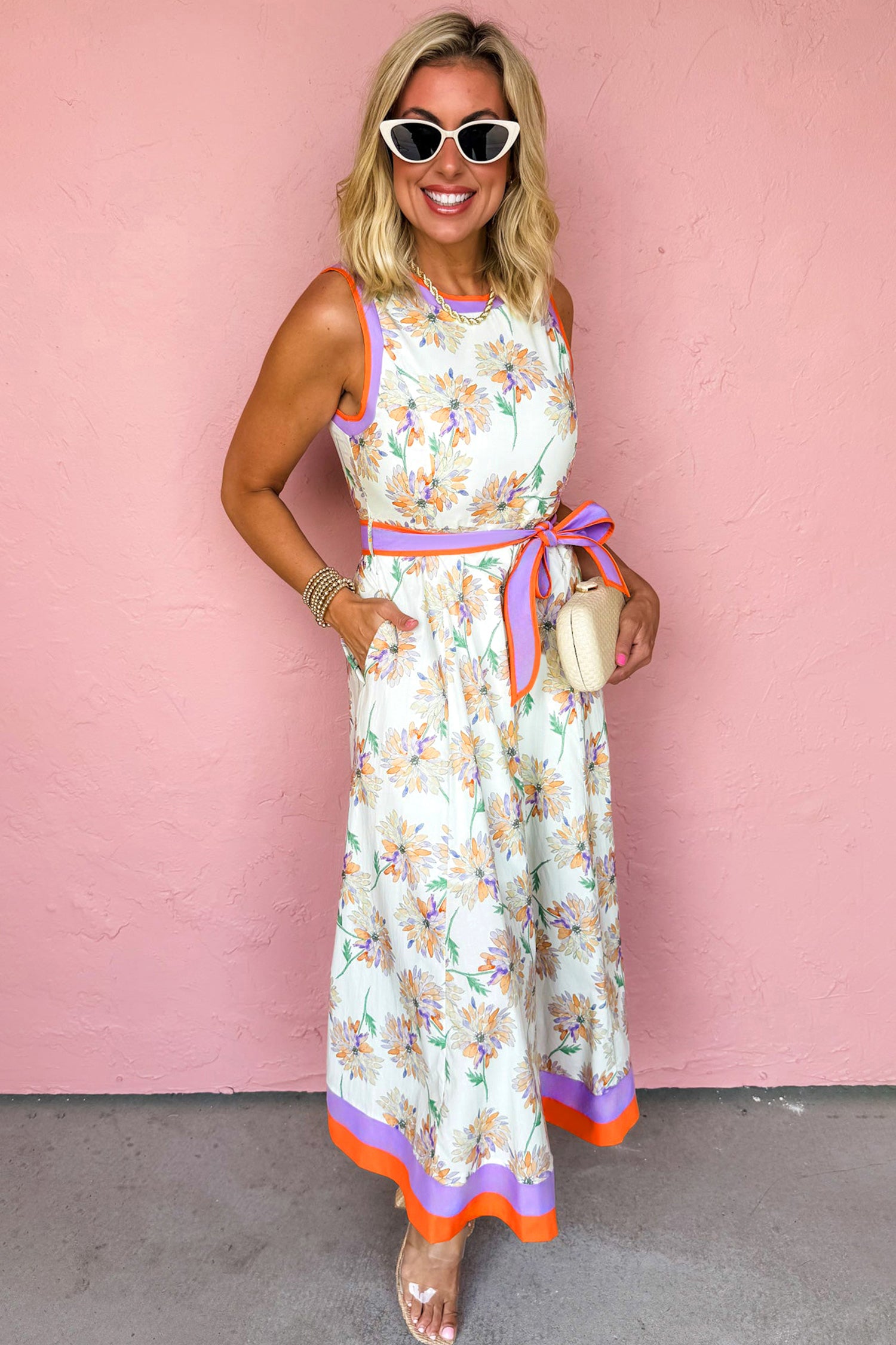 White Floral Print Color Block Trim Belted Sleeveless Maxi Dress 651b0063a24e46fa