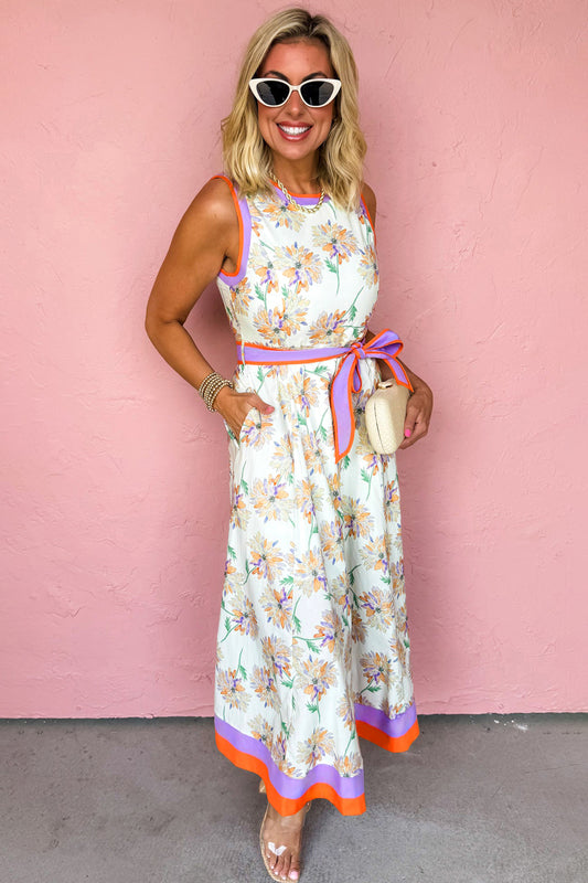 White Floral Print Color Block Trim Belted Sleeveless Maxi Dress 651b0063a24e46fa
