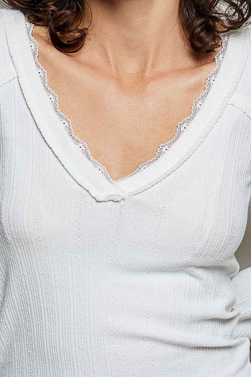 POL V-Neck Long Sleeve Ribbed Top with Lace-Accent Neckband 65216154-6b79-4f43-8e50-97157429694c-Max