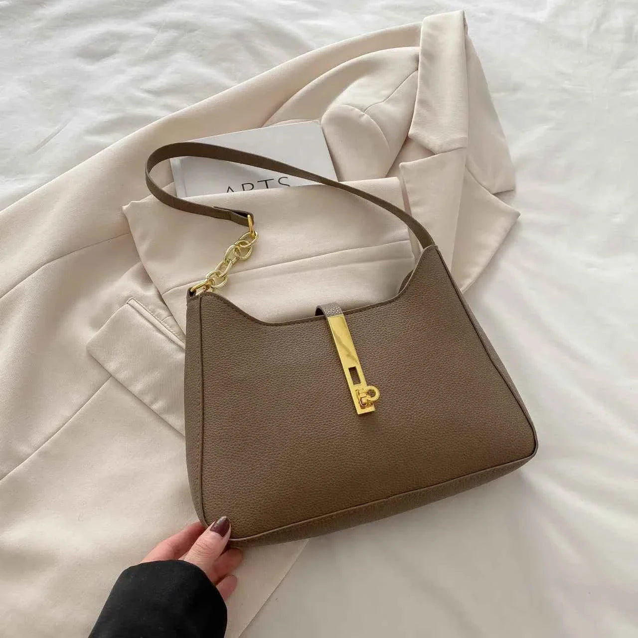Leather Shoulder Bag with Gold Accent Mocha onesize 65250f83ec2b4b41ae1fe893618c72de-Max-Origin
