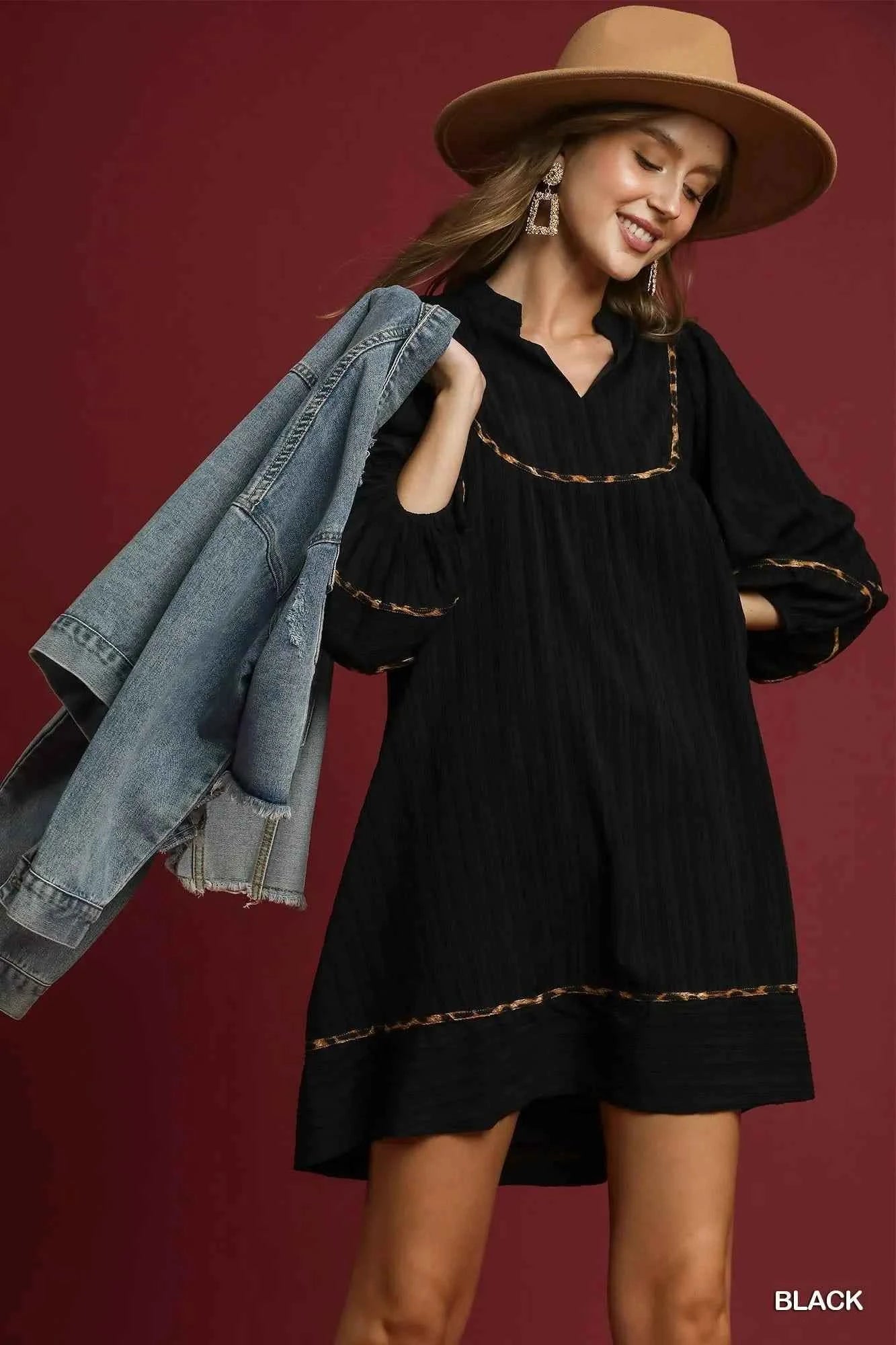 Umgee Full Size Textured Babydoll Dress with Leopard Trim Plus Size Black 6525ba05-aa2c-42b9-8760-f79764ee8345-Max-Origin
