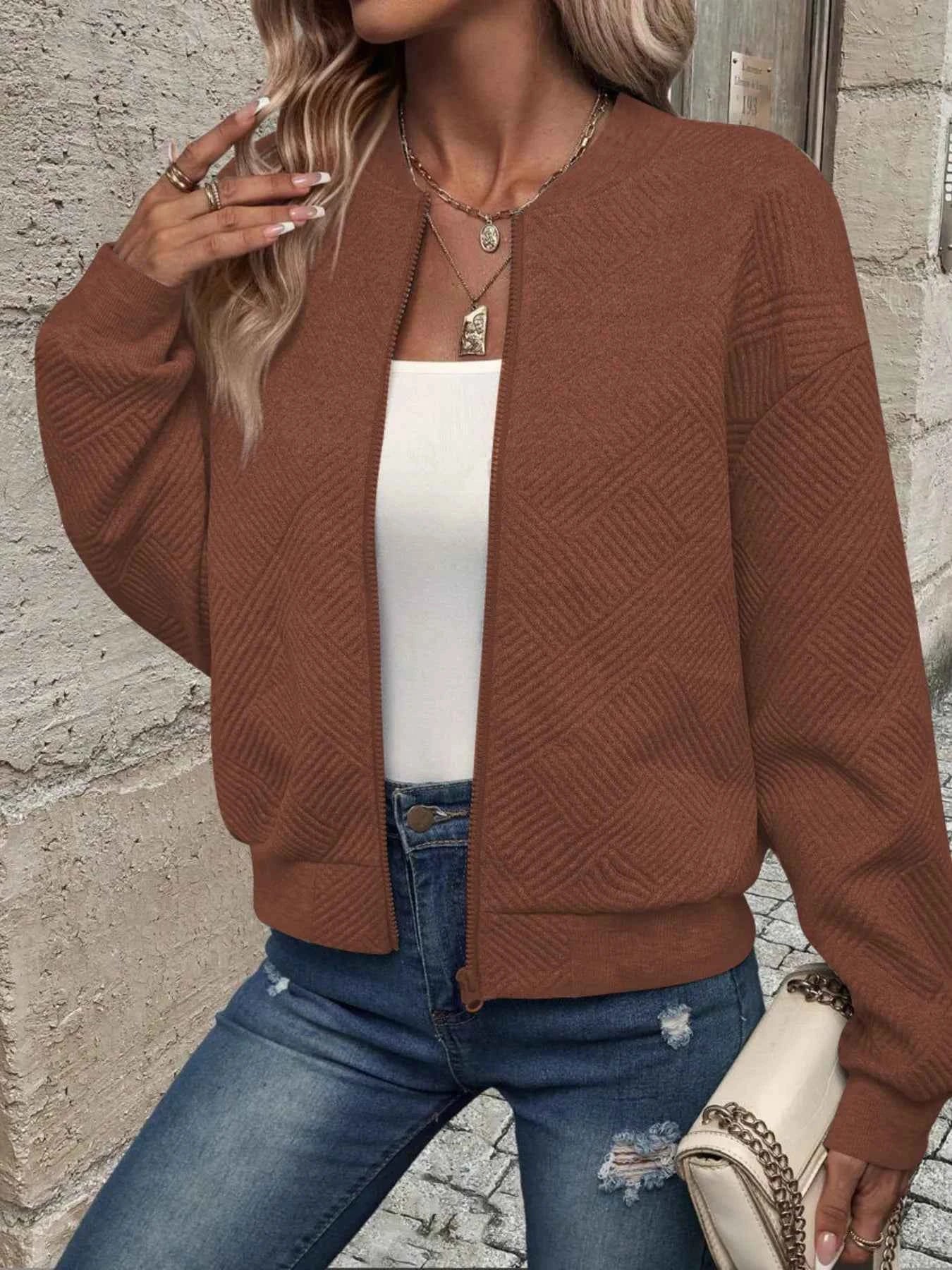 Zip-Up Textured Long Sleeve Jacket 6526b5eefd03499fab71e788ad5c19c7-Max-Origin