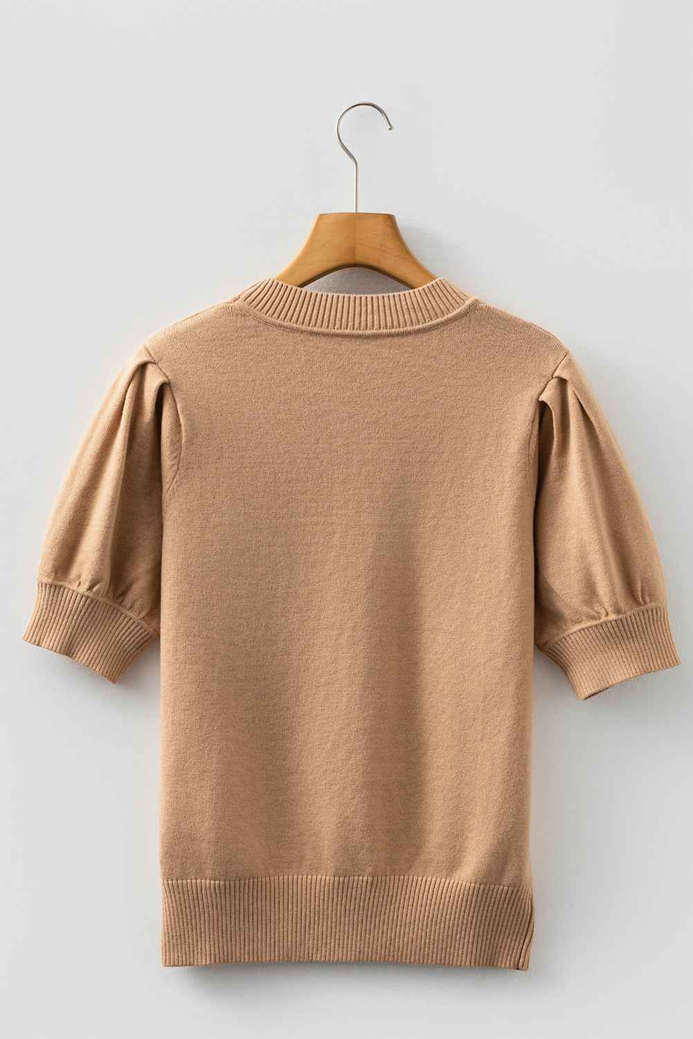 Light French Beige Solid Color Knit Short Puff Sleeve Sweater 652a7954cbf0f5ff