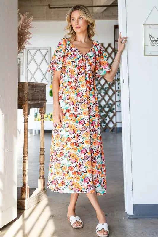Lime 'N' Chili Floral Print Sweetheart Neck Tie Front Midi Dress ORANGE COMBO 652bd605bec74c7285afb2a120947534-Max-Origin