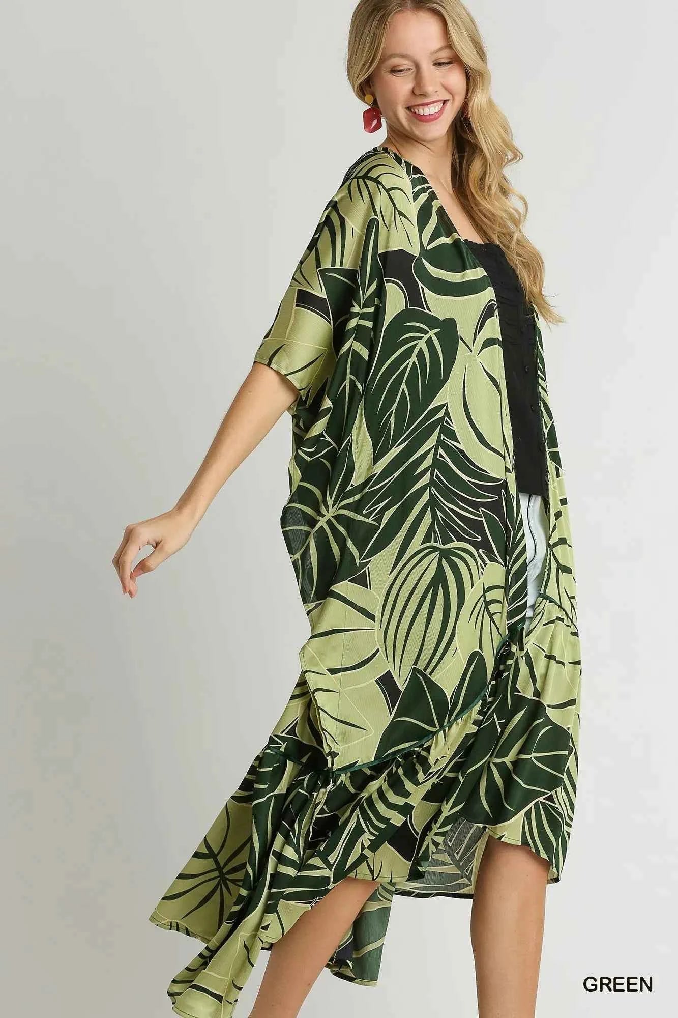 Umgee Satin Tropical Plant Print Open Front Kimono with Ruffle Details Green 652ca680-3cf5-4042-a53a-624d6c8e4820-Max-Origin