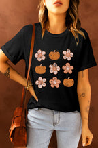 Black Pumpkin Flower Print Short Sleeve Graphic T Shirt 652cc23184749223