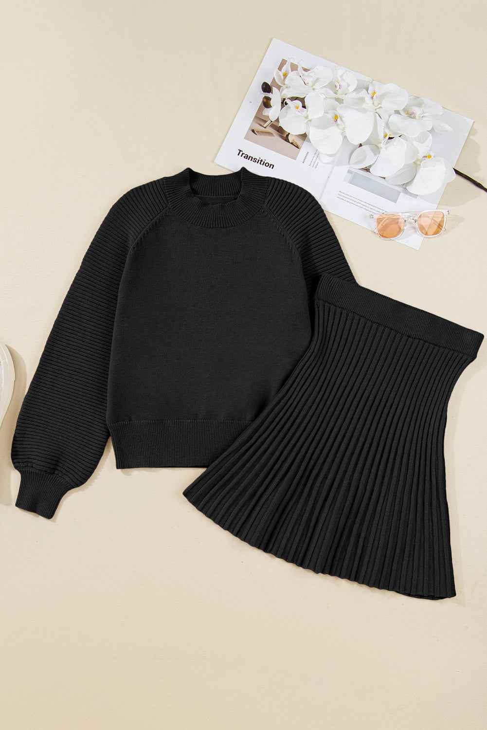 Black High Neck Puff Sleeve Sweater Pleated Mini Skirt 2pcs Knitted Outfit 652dc913f7cc2558