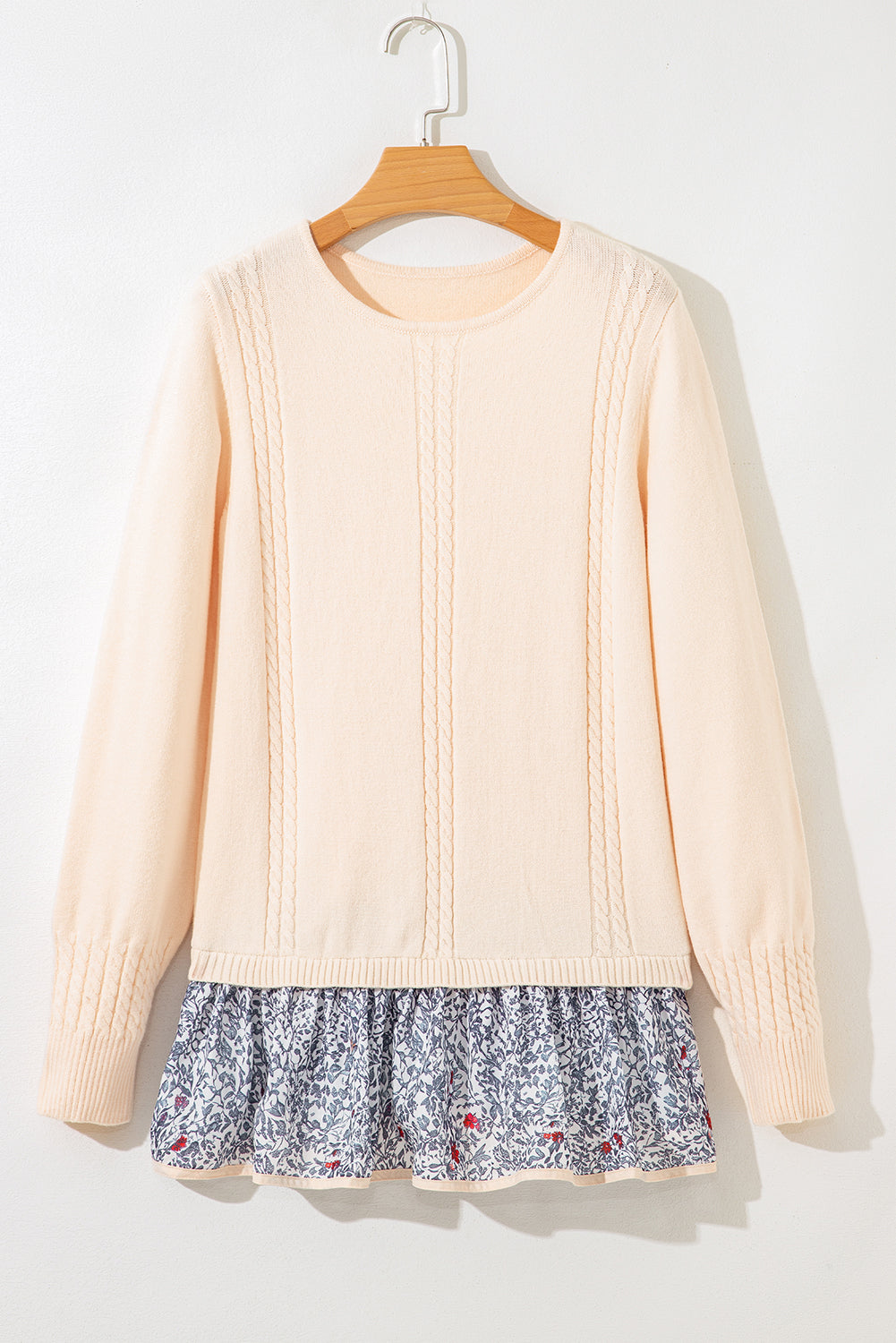 Beige Bohemian Floral Ruffle Hem Patchwork Knit Sweater 652df84704c485ba
