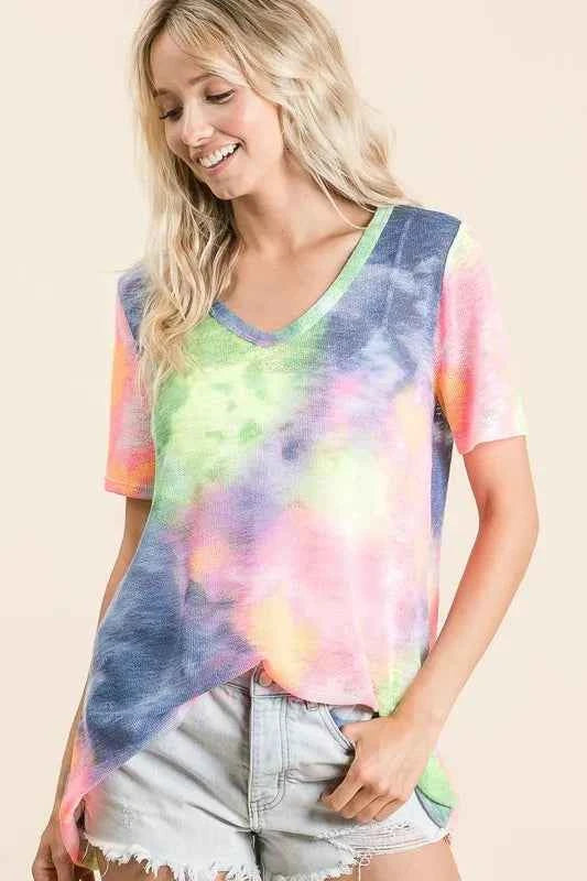 Tie Dye Print Low Gauge Deep U Neck Top BLUE N.YELLOW 653324d0e480489e92248590ad7333d1-Max-Origin