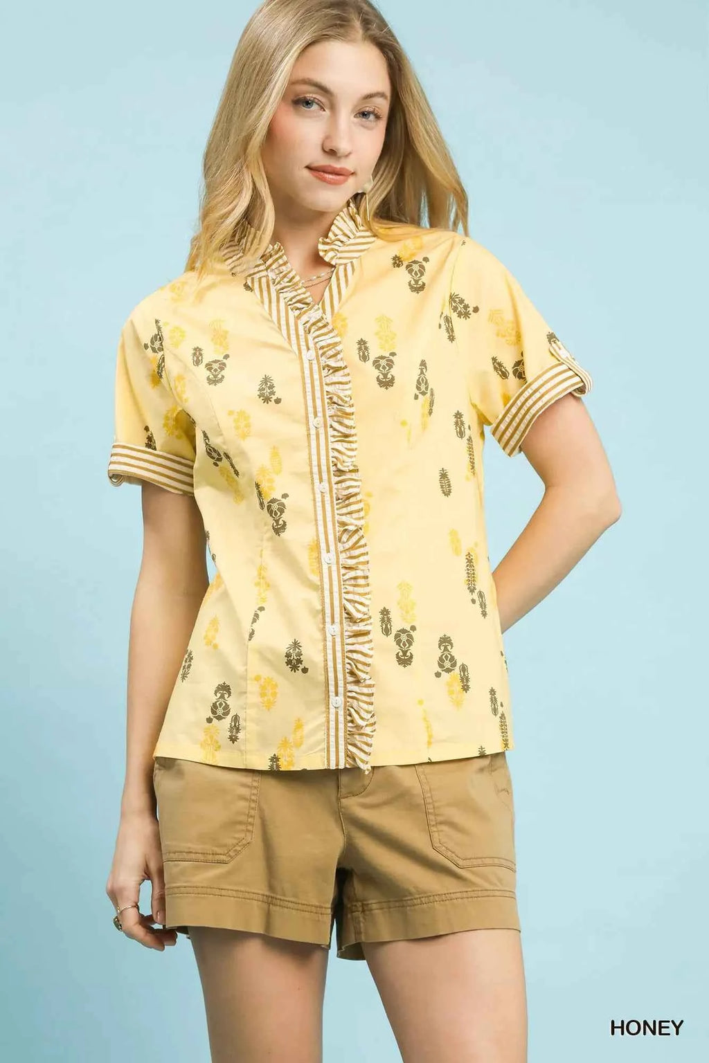 Umgee Printed Ruffle Trim Button Front Blouse HONEY 6538328a-7bcd-417e-aaab-2febaf290bed-Max-Origin
