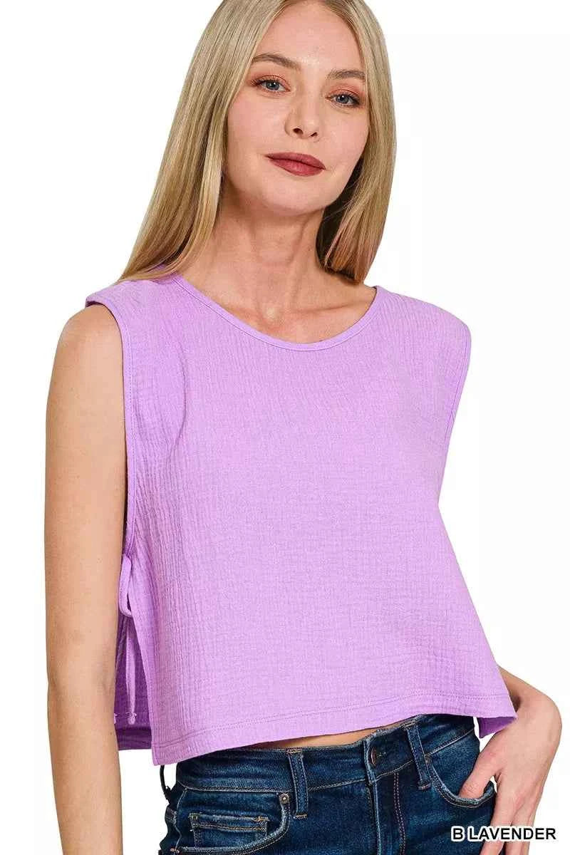 Zenana Double Gauze Side Tie Sleeveless Top B LAVENDER 653a759572884bf1805070d22fafd839-Max-Origin