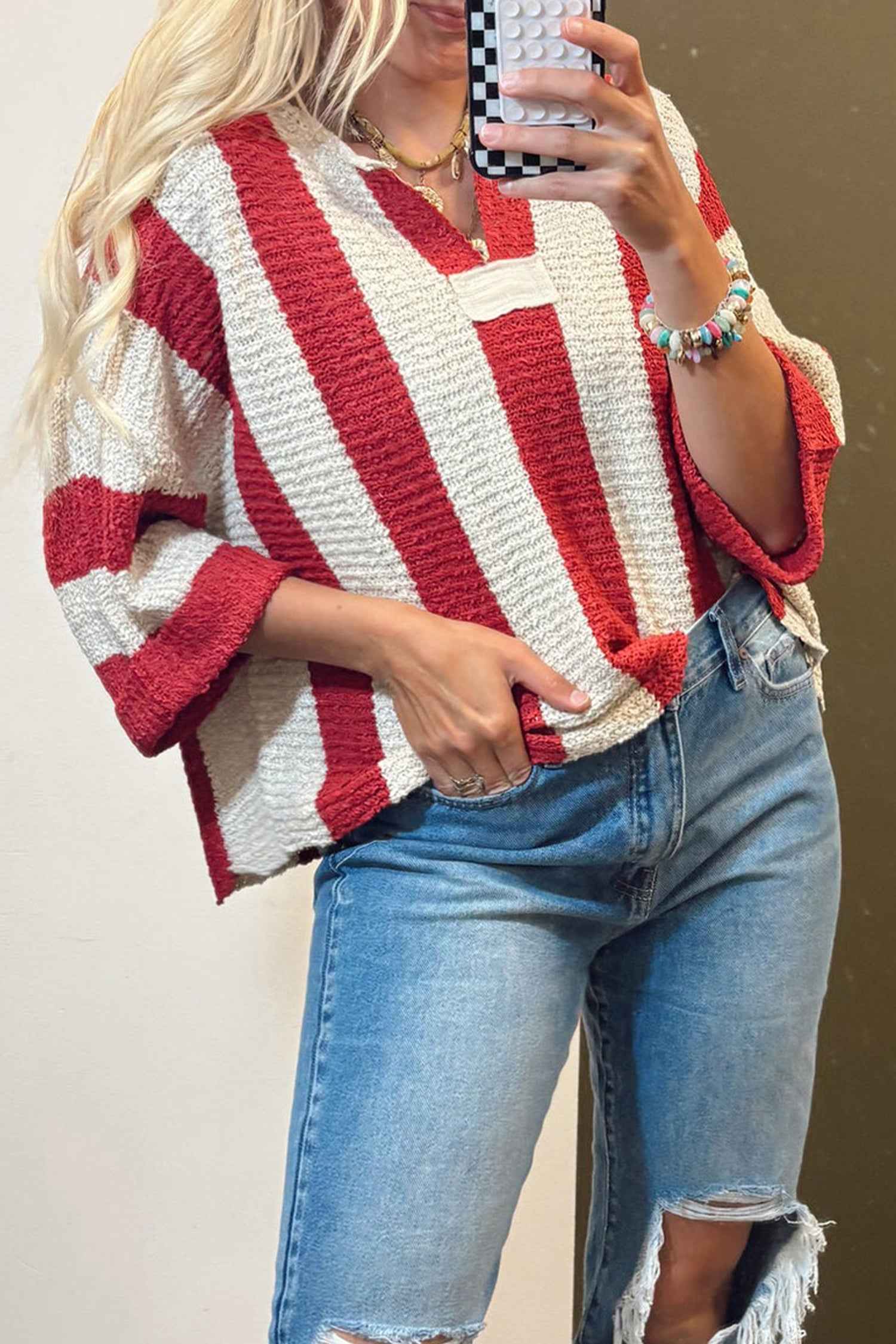 Red Stripe Colorblock V Neck Bracelet Sleeve Sweater Red Stripe 100%Acrylic 653e312fb79f26ad