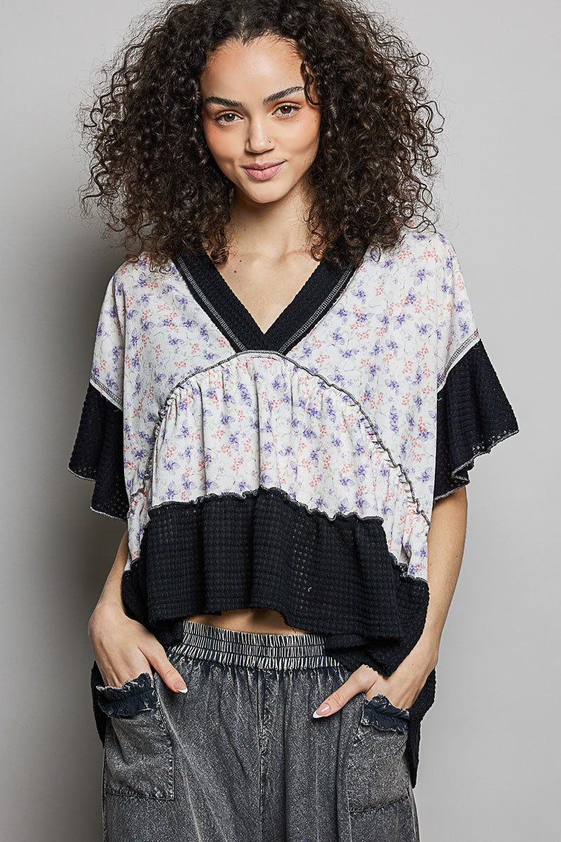 POL Floral Print V-Neck Woven Blouse with Gentle Gathers 653e87d5-a955-4f66-b521-ceeee93560b2-Max