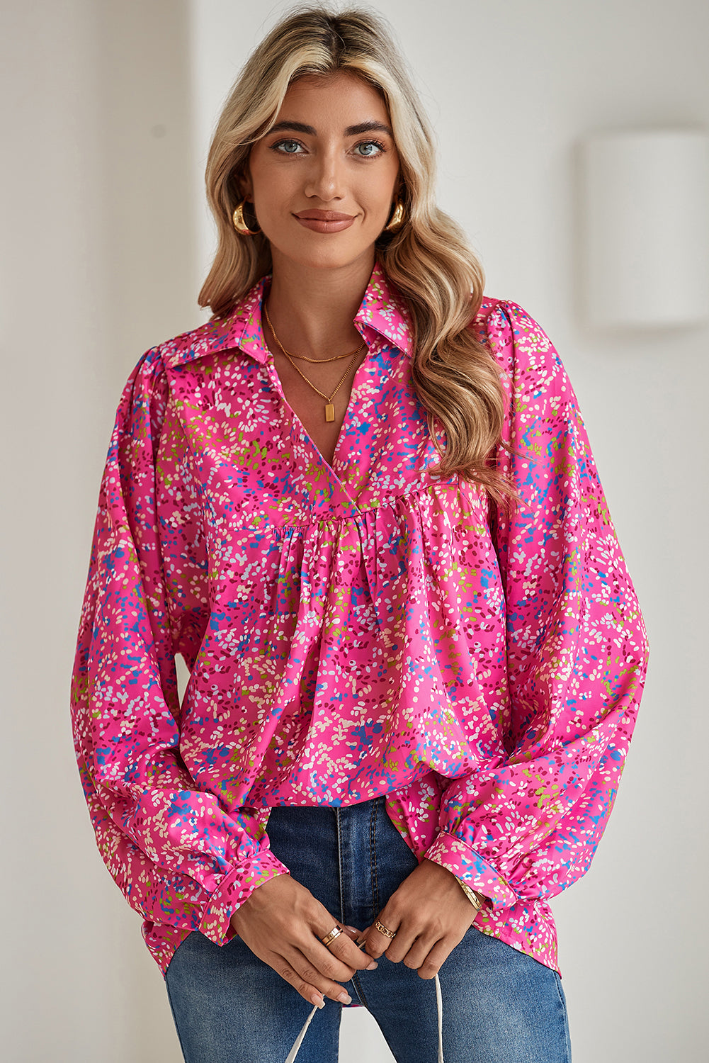 Bonbon Abstract Print Loose Fit Collared V Neck Babydoll Blouse 6547da395bc41b76