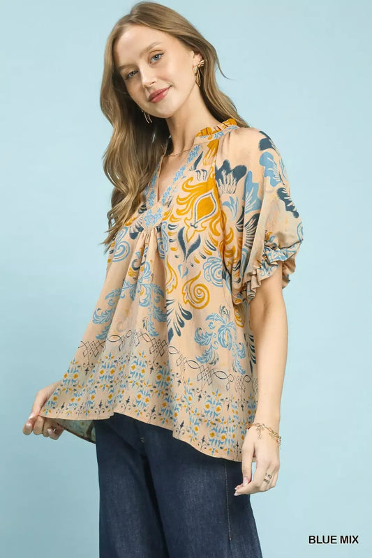 Border Print Puff Sleeve V-Neck Blouse 654976ac-83c8-487f-8d37-38671ac23577-Max-Origin