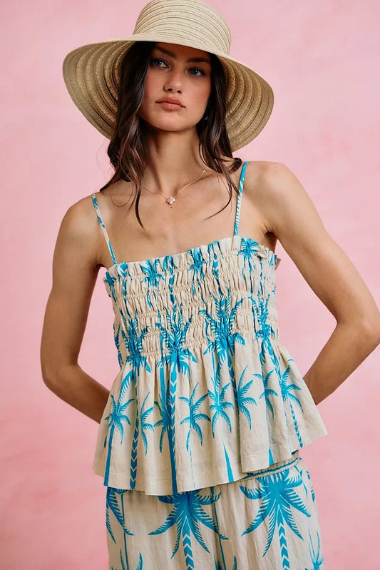 Palm Tree Smocked Bodice Adjustable Cami Top BLUE 6549a717-ddf6-479f-b1d4-6b64ae8f6f5a-Max-Origin