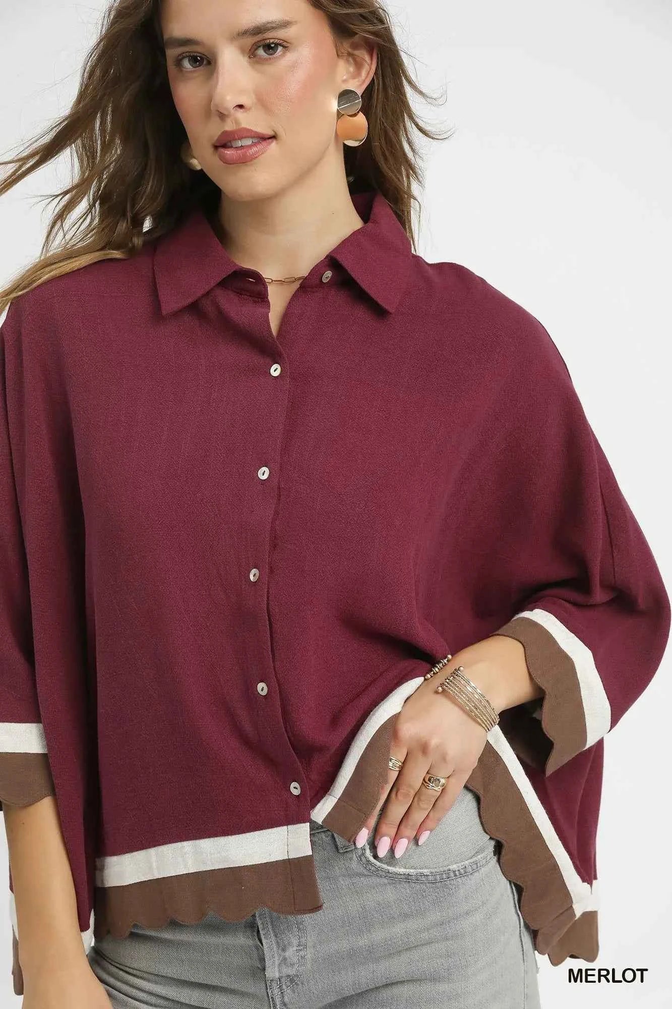 Umgee Colorblock Button-Down Shirt with Scallop Hem 654ba569-7bd5-47e5-8909-9adf4ee1a909-Max-Origin