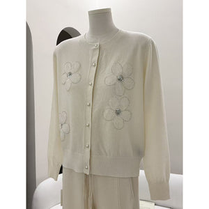 The Sculpted Floral-Detail Wool Cardigan Ivory White 65509D94EC496870B37055B8A2DA5EAC