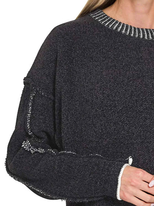 Exposed Seam Round Neck Two-Tone Sweater 6550df72-649f-42ee-886e-69ad3aecaca3-Max-Origin