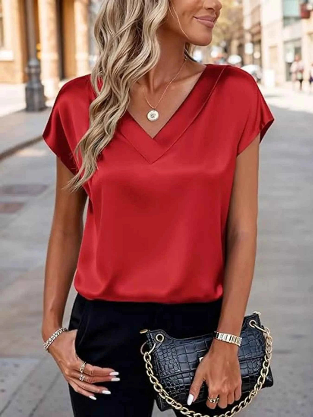 Satin V-Neck Short Sleeve Blouse 6551c8acf6a941cb95a959d0f4e13b20-Max-Origin