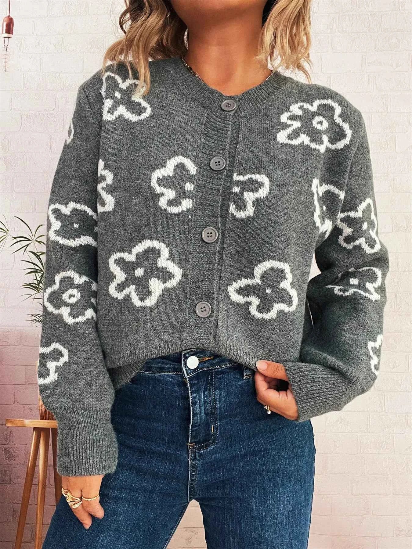 Floral Pattern Button-Up Cardigan 6557a7f0312547289c4481ff381040c1-Max-Origin