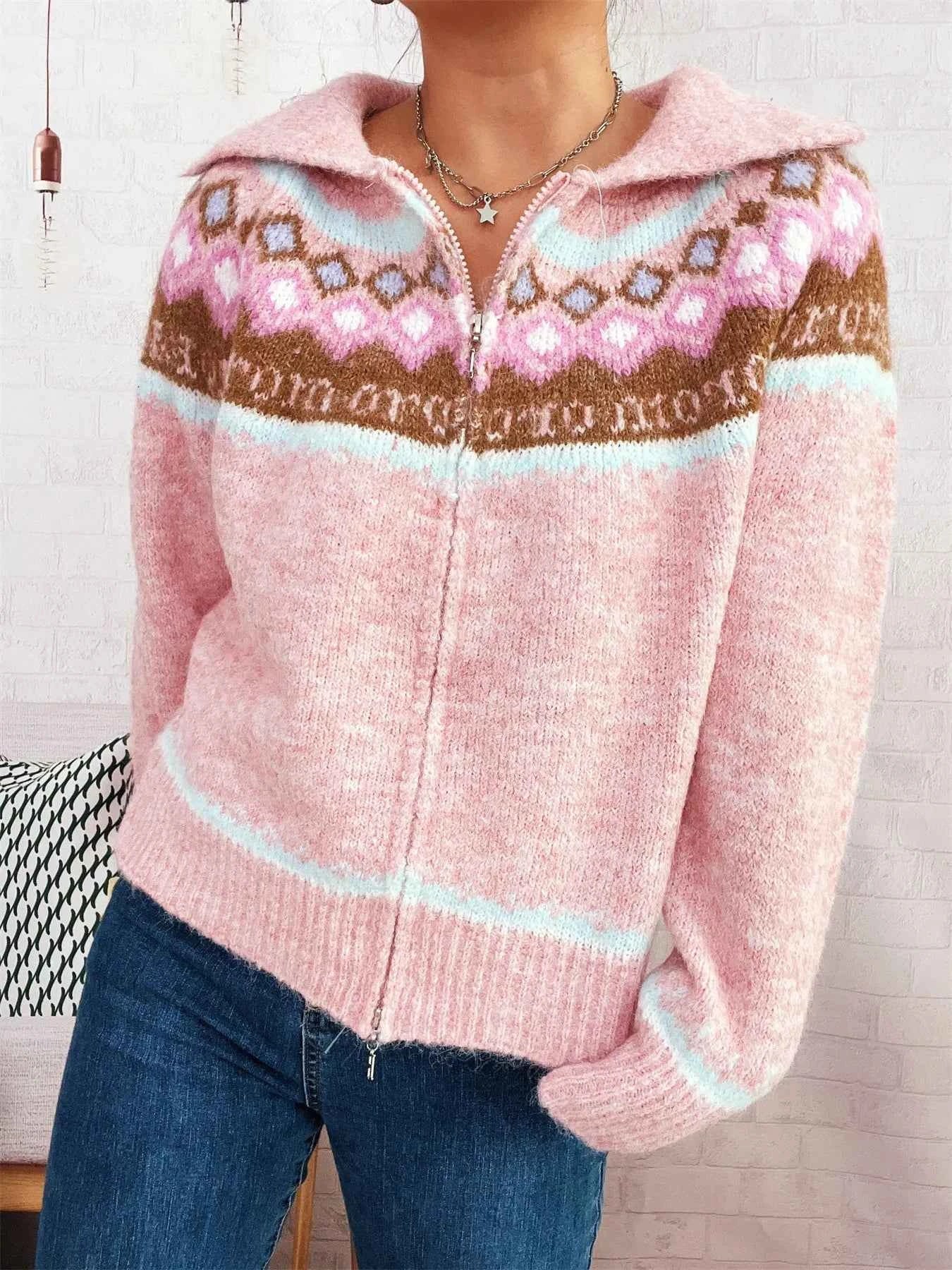 Fair Isle Pattern Zip-Up Cardigan 6557b112a4334ff497f7a7013f3dc381-Max-Origin