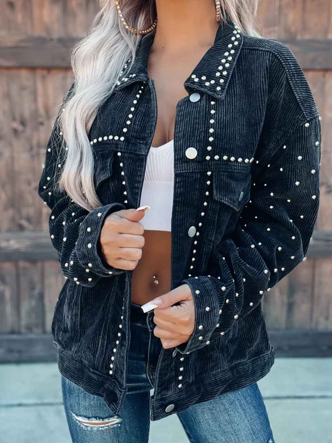 Studded Collared Neck Button Down Jacket Black 65582b7c8833498592f7fd8d5c1a9c83-Max