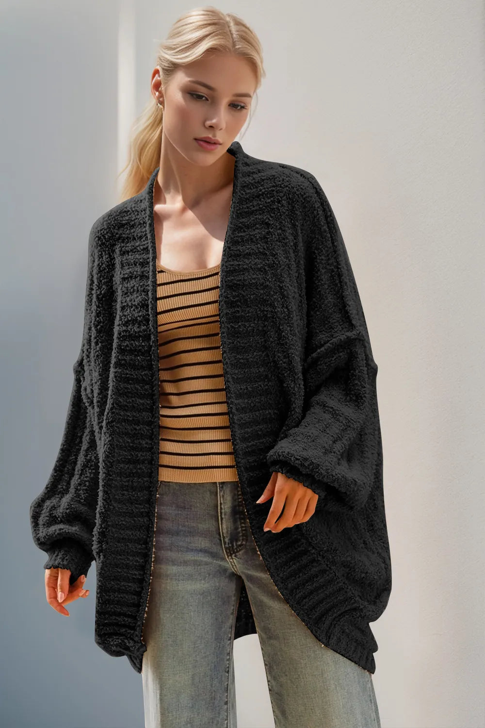 Double Take Full Size Open Front Long Sleeve Cardigan Black 6558553d-52cd-47eb-a3ea-d23848891272-Max