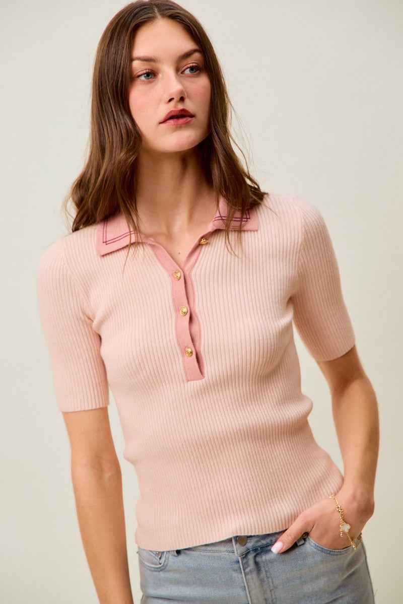 SO ME Contrast Collar Stretchy Rib Knit Short Sleeve Top 65612ee1c7cb409aa48922189db2cd5f-Max