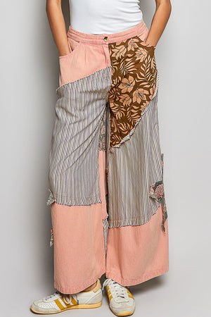 Striped Floral Patchwork Wide leg Pants with Side Big Star Patch PEACH MULTI 6561f8a1-40c8-4359-bb27-14ca4404546e-Max