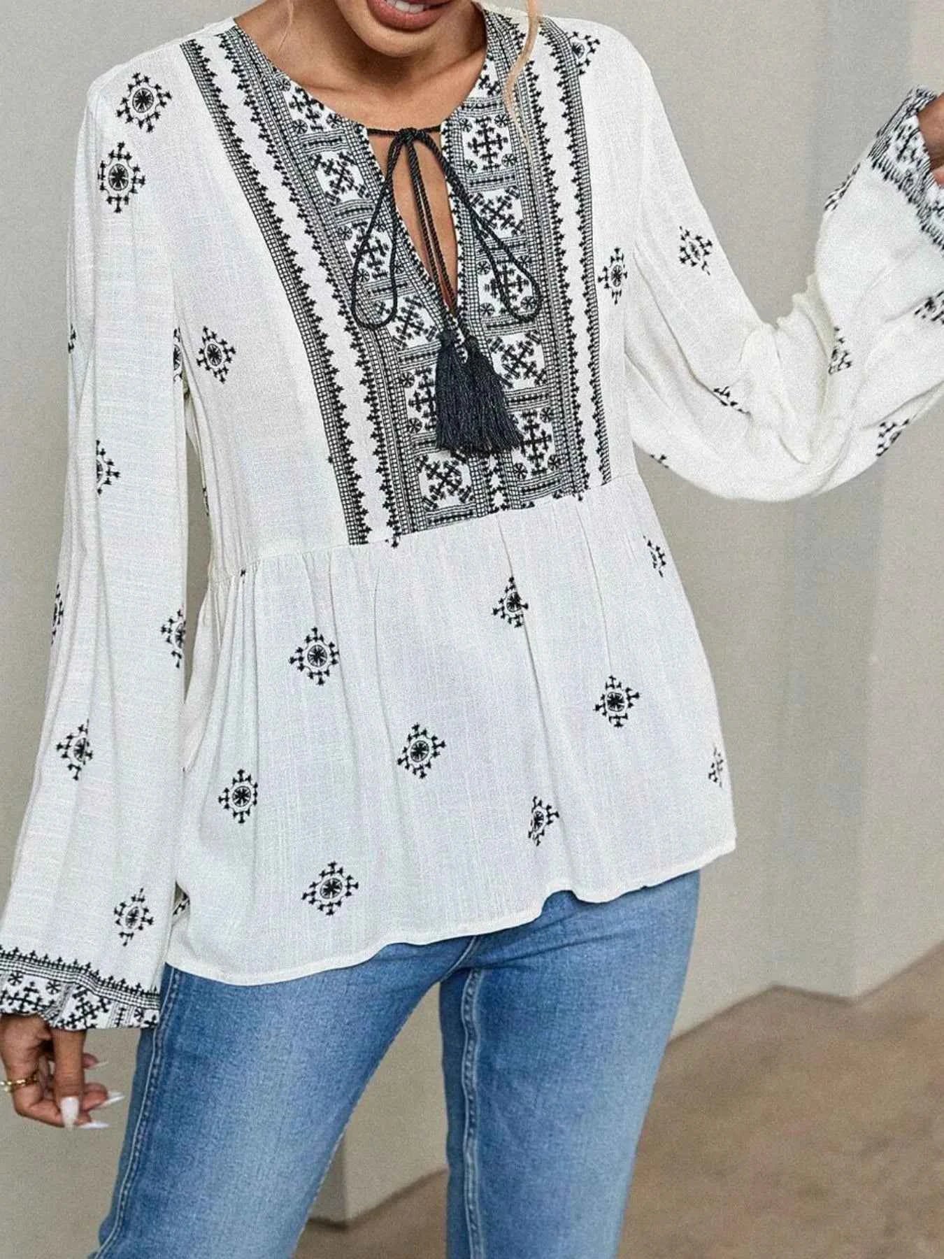 Tie Front Long Sleeve Blouse 65645cf3-f4b1-42d8-af5e-c944415fa65a-Max-Origin