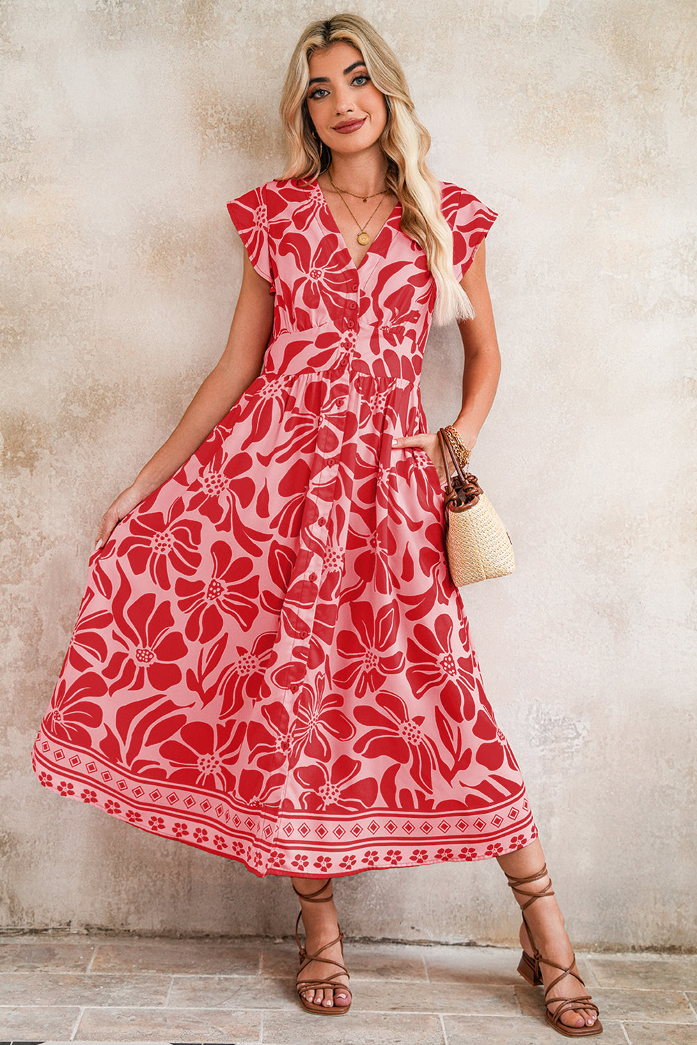 Red Boho Floral V-Neck Ruffle Shoulder Maxi Dress 6565f34cdf5f0f1b
