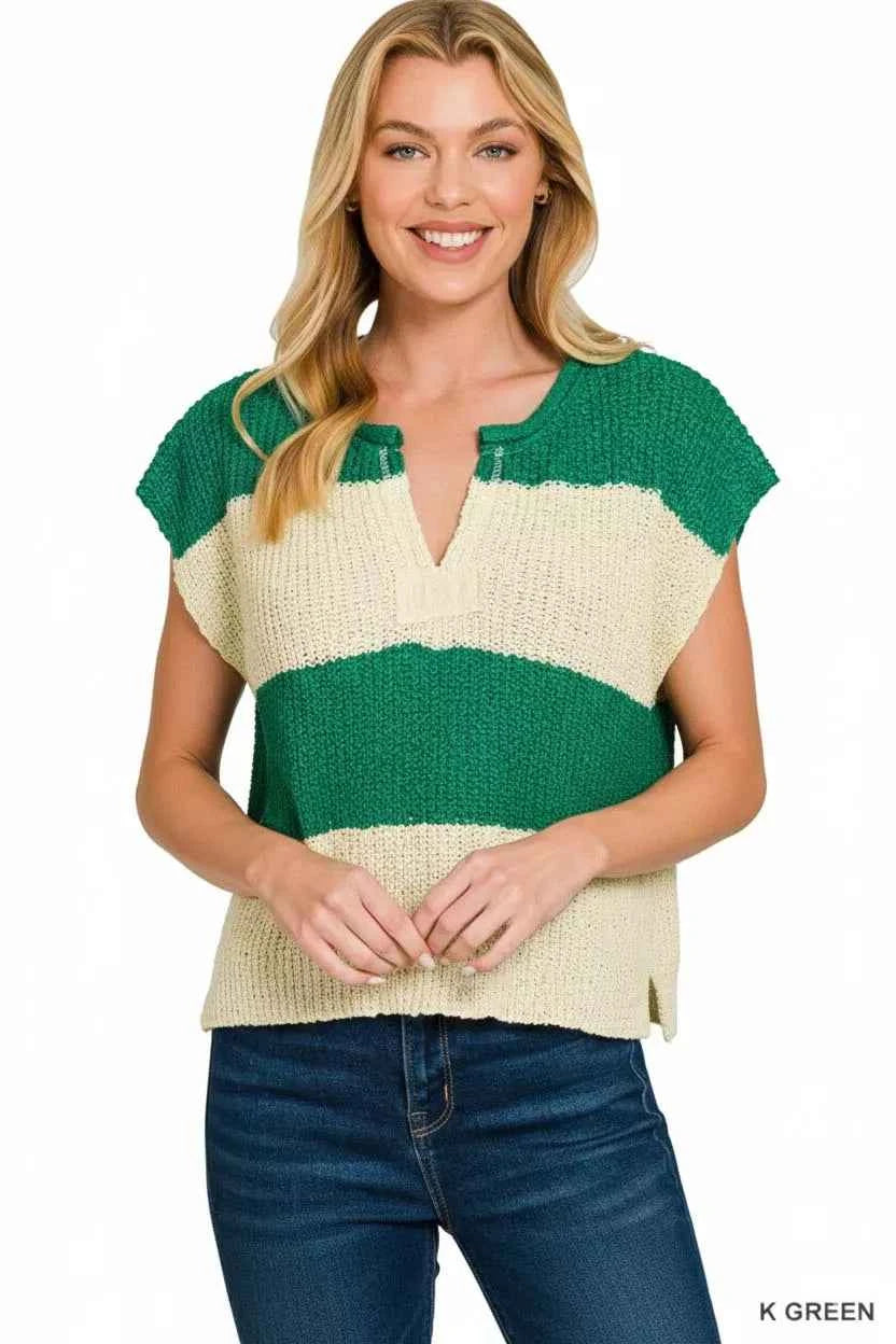 Zenana Split Neck Sleeveless Stripe Sweater 6568fc9f-0779-4fac-a126-d67003b3935f-Max-Origin