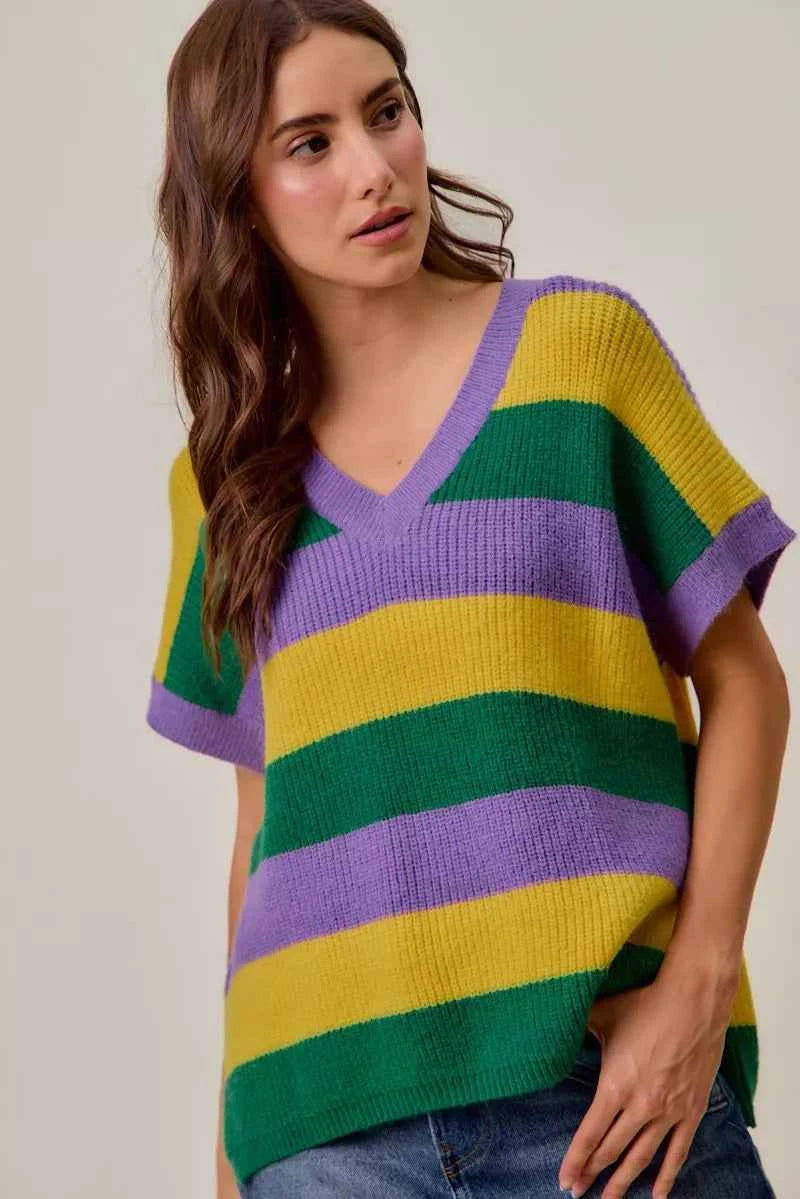 SO ME Mardi Gras Loose Fit V Neck Stripe Sweater Top 656ba743b6c24218a3d8a1a28fa383c7-Max-Origin