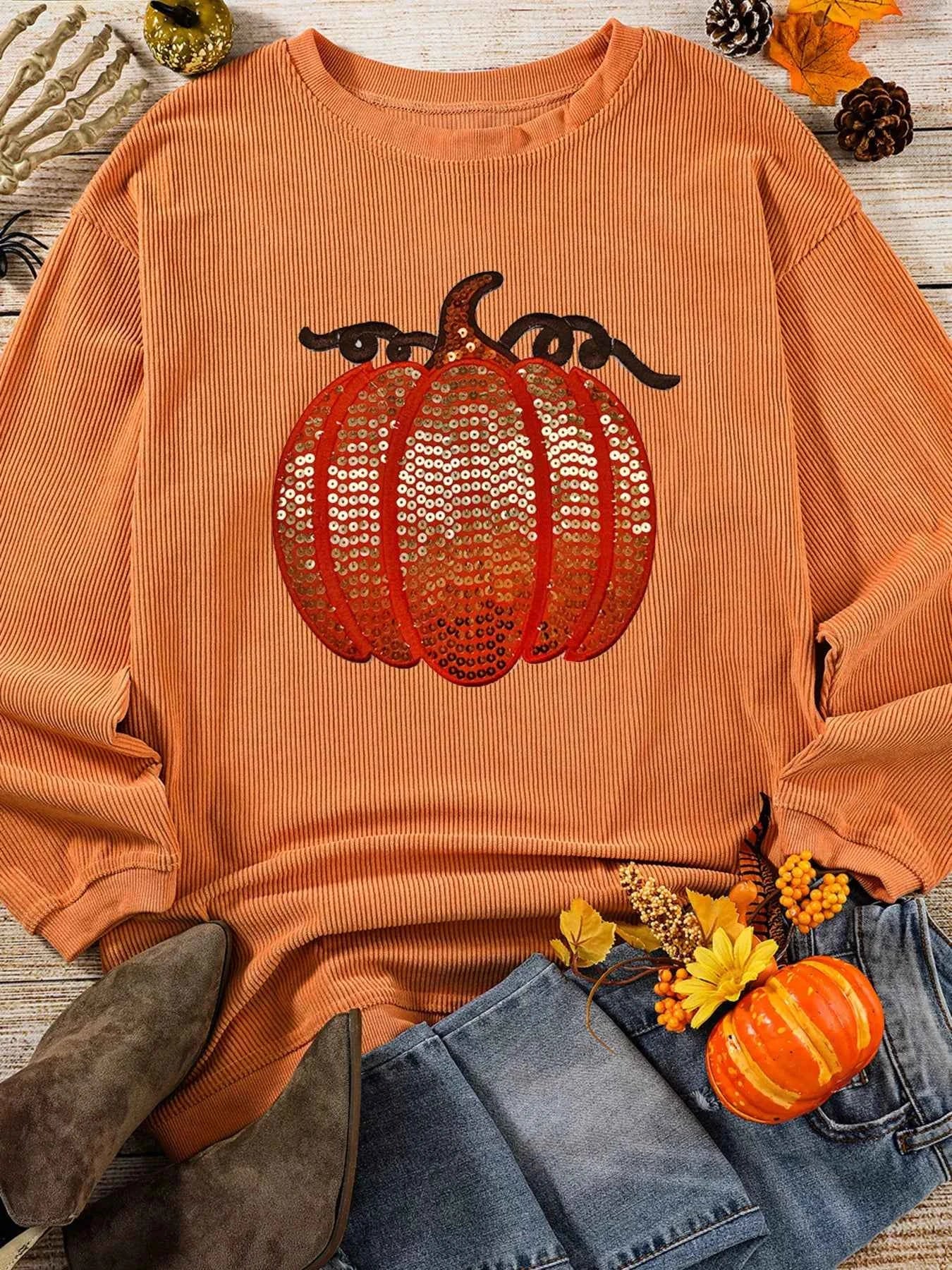Halloween Sequined Pumpkin Ribbed Round Neck Sweatshirt 656e5ec2440b48f9849b66304e330bb4-Max-Origin