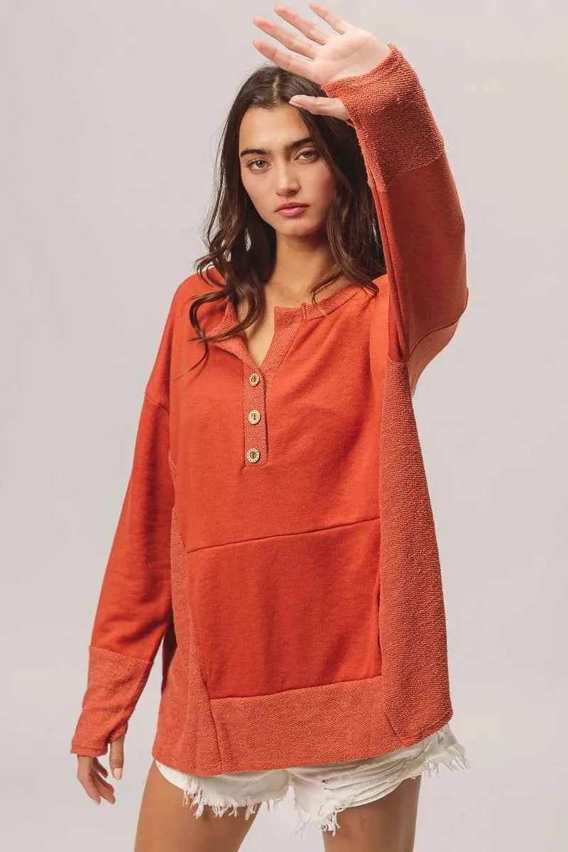 French Terry Knit Side Block Buttoned Henley Top 657106b65a574f21b9942b5d0bfe10c0-Max-Origin