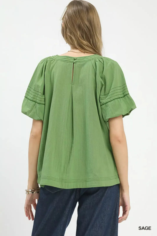 Round Neck Puff Sleeve Top with Contrast Stitch Detail 65775826-d0cc-4a3f-8b4e-fae3b884e1c1-Max-Origin