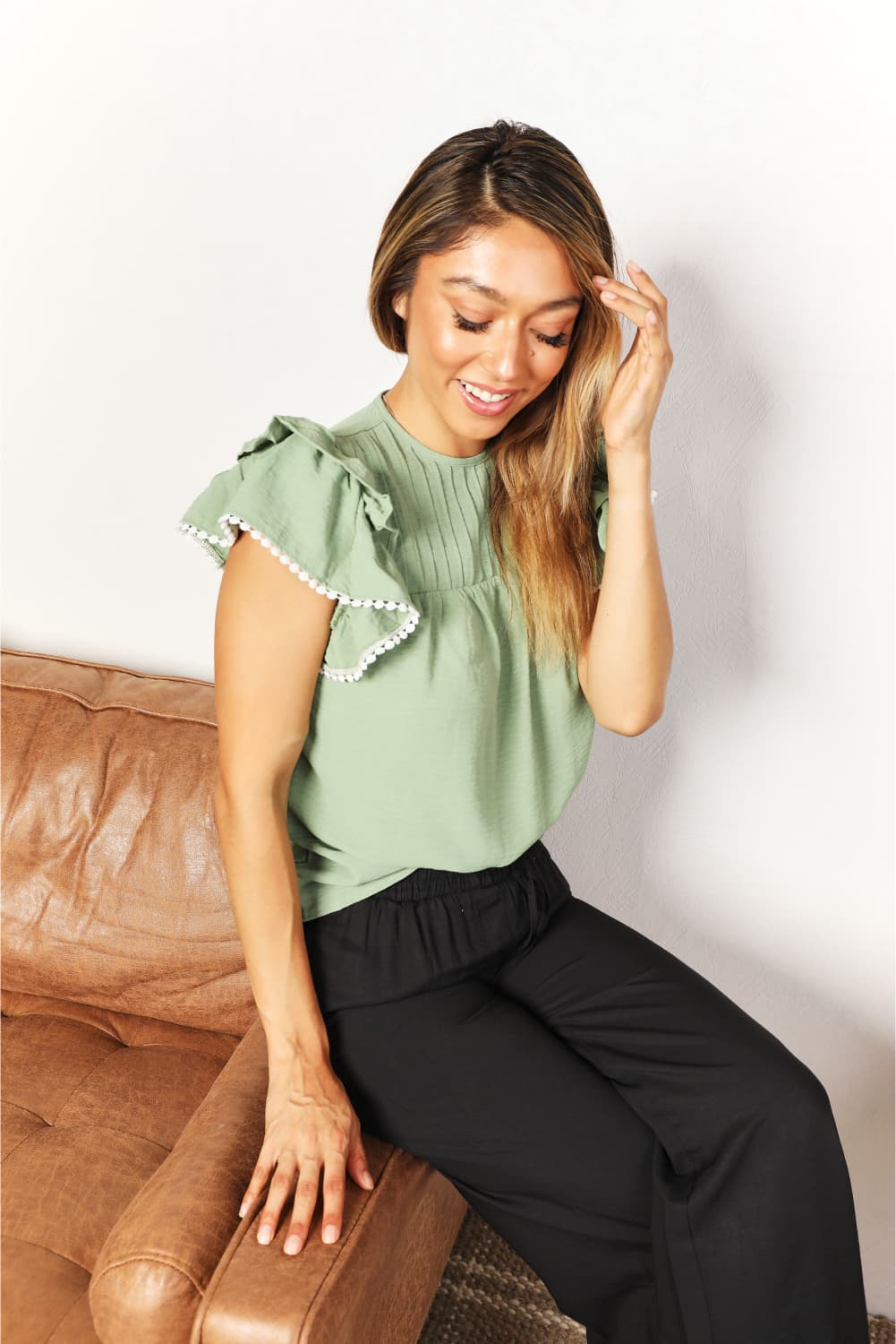 Perfee Pleated Detail Flutter Sleeve Blouse 65788ff29a1b48af97ab5ac129a4c775-Max