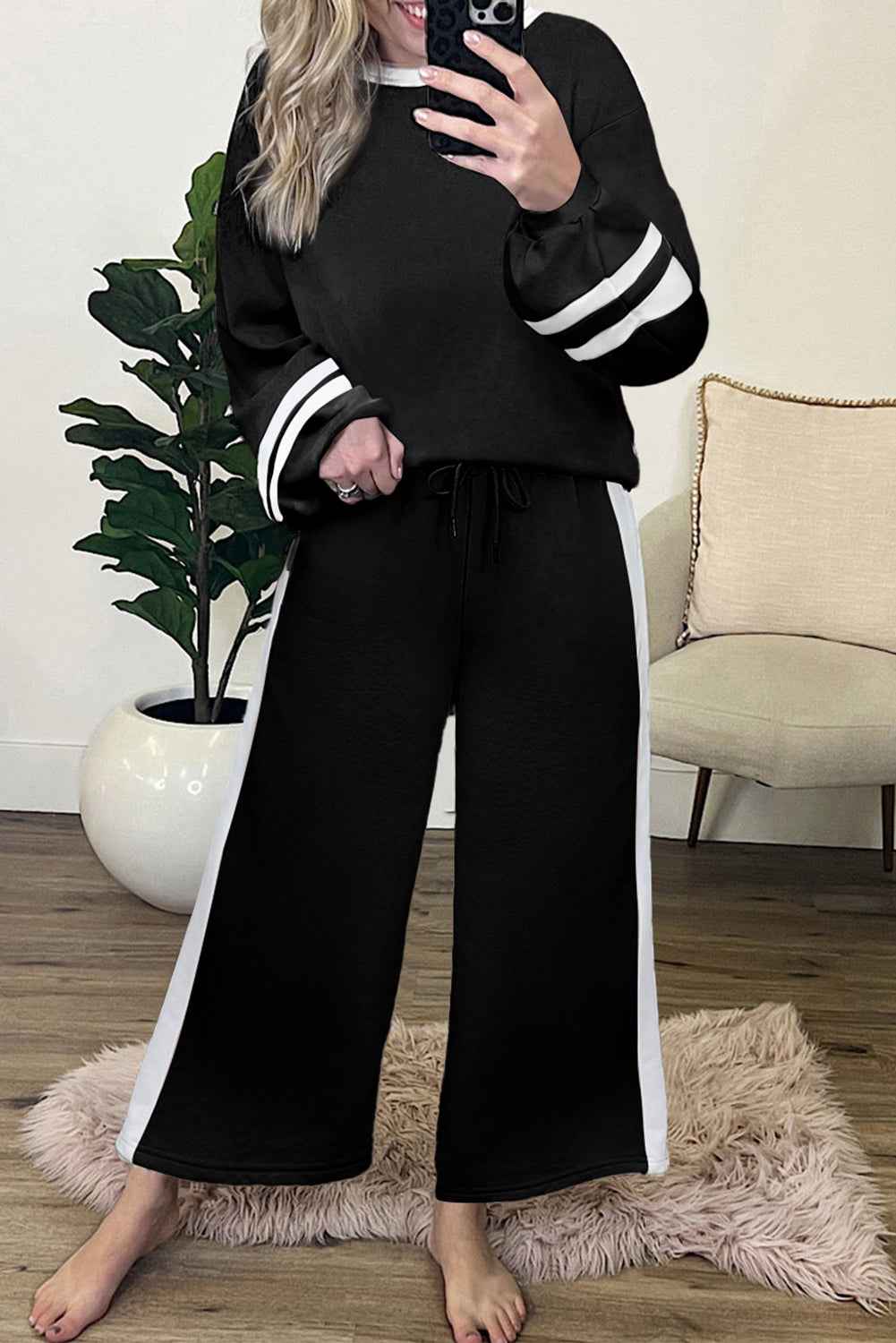 Mineral Red Varsity Stripe Patchwork Puff Sleeve Pullover Drawstring Wide Leg Pant Set Black 65%Polyester+35%Cotton 65829575e00ff875