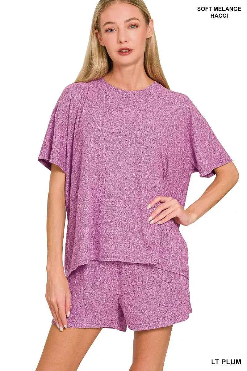 Zenana Soft Melange Short Sleeve Tee and Shorts Set LT PLUM 658435843f724d4abd403fb9167be18d-Max-Origin